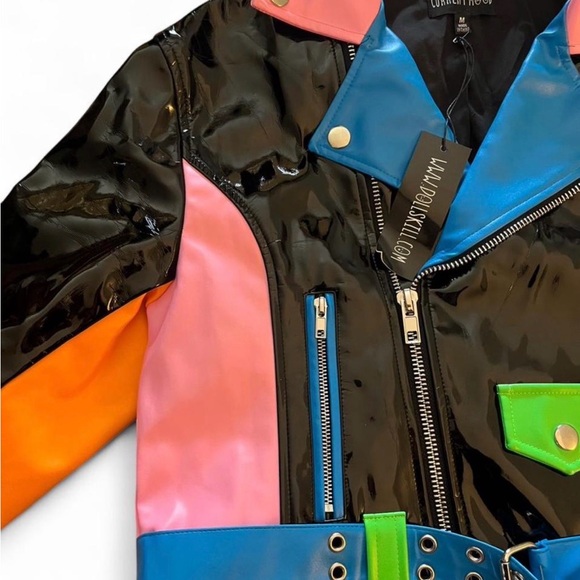 Dolls Kill Patent Multicolor Moto Jacket - Black, Pink, Blue, Green, Orange - Picture 3 of 4